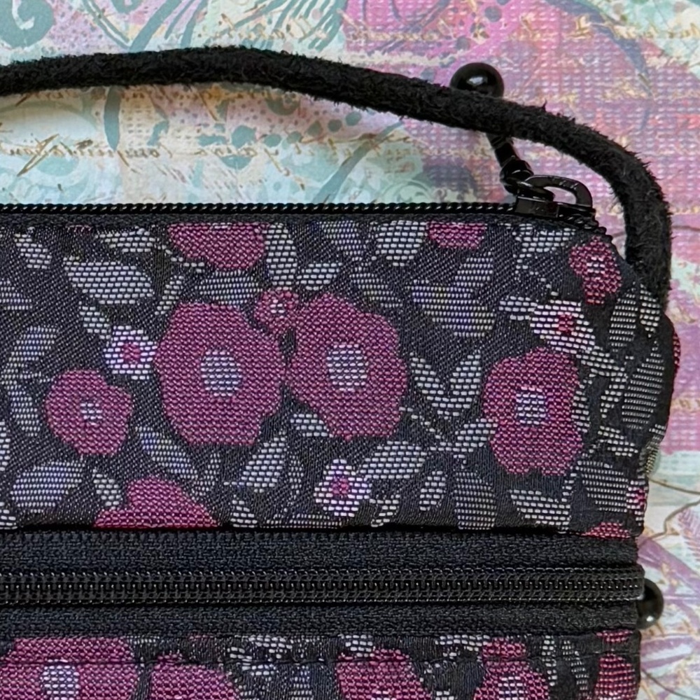 HANDMADE MARUCA Bag Small Crossbody Floral Berry Black Fabric Suede Bohemian - Picture 4 of 4